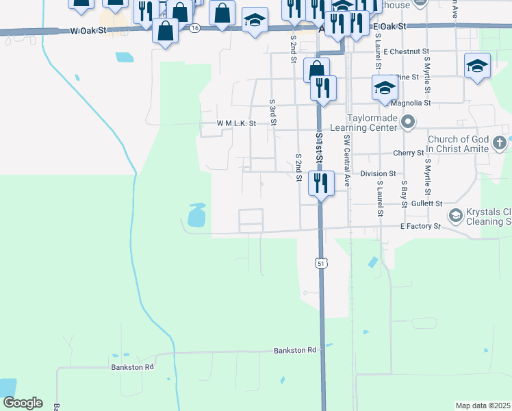 map of restaurants, bars, coffee shops, grocery stores, and more near 406 North Cross Creek Court in Amite City