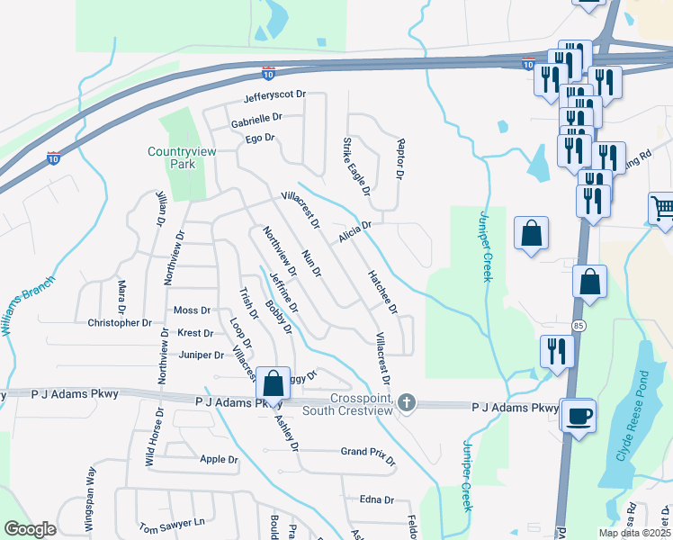map of restaurants, bars, coffee shops, grocery stores, and more near 173 Villacrest Drive in Crestview