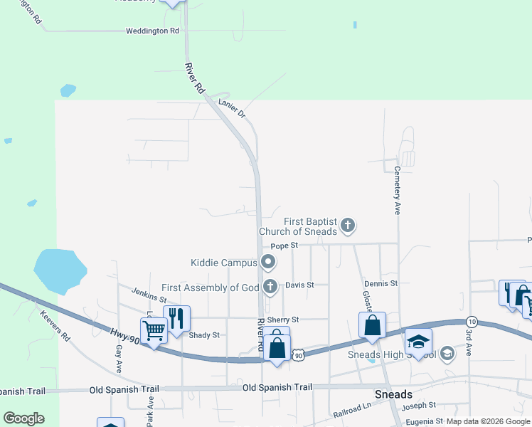 map of restaurants, bars, coffee shops, grocery stores, and more near 2116 River Road in Sneads