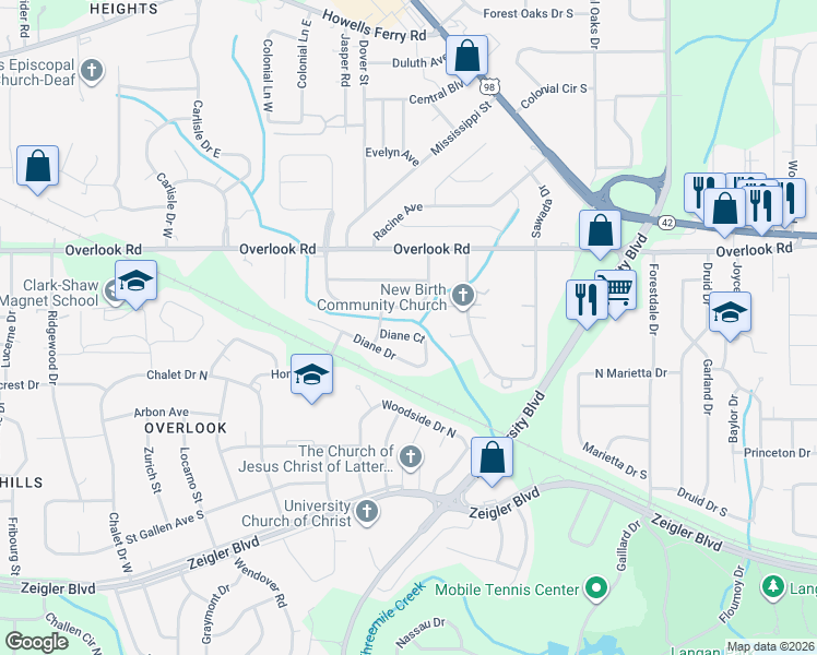 map of restaurants, bars, coffee shops, grocery stores, and more near 5608 Diane Court in Mobile