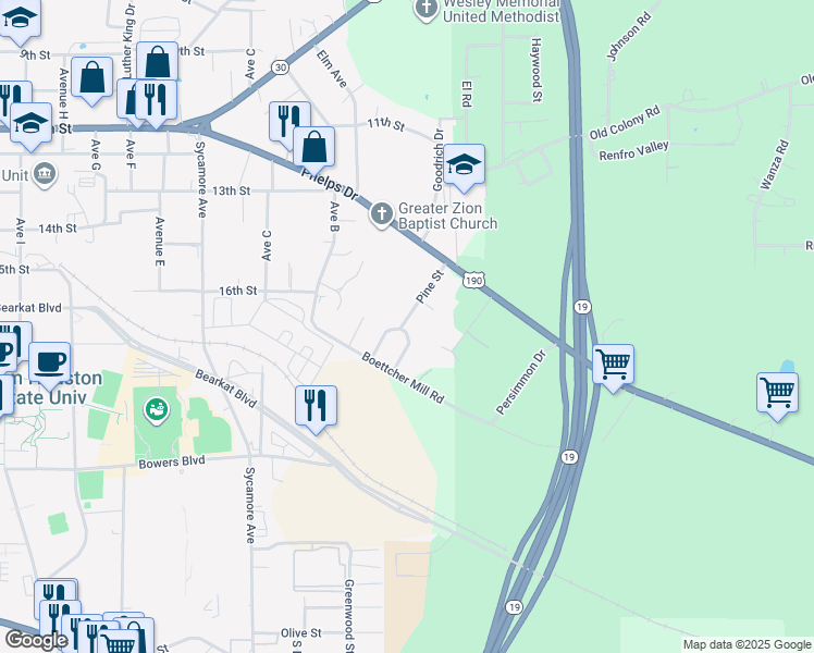 map of restaurants, bars, coffee shops, grocery stores, and more near 1527 Pine Street in Huntsville