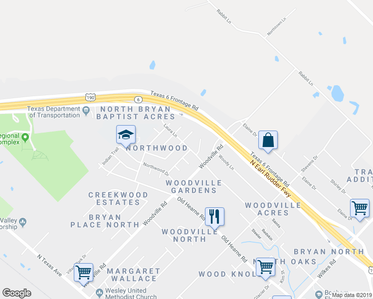 map of restaurants, bars, coffee shops, grocery stores, and more near 3304 Foxwood Drive in Bryan