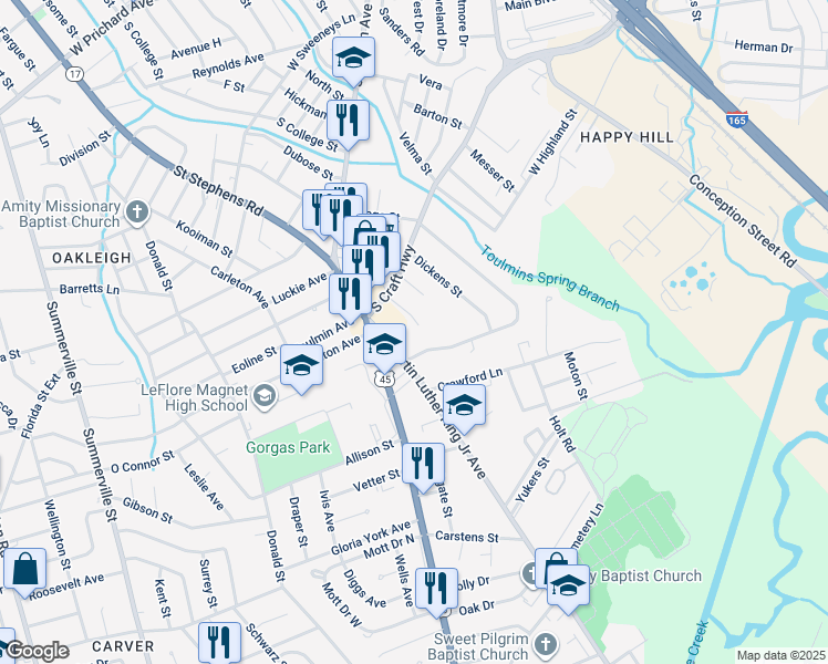 map of restaurants, bars, coffee shops, grocery stores, and more near 2205 Stone Court in Mobile