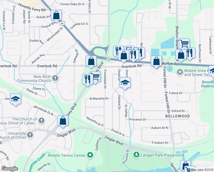 map of restaurants, bars, coffee shops, grocery stores, and more near 1409 Garland Drive in Mobile