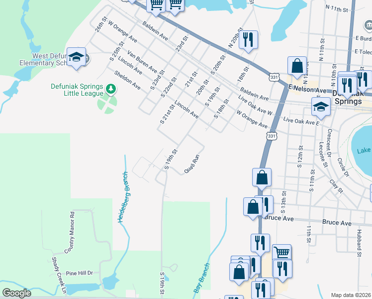 map of restaurants, bars, coffee shops, grocery stores, and more near 315 South 19th Street in DeFuniak Springs
