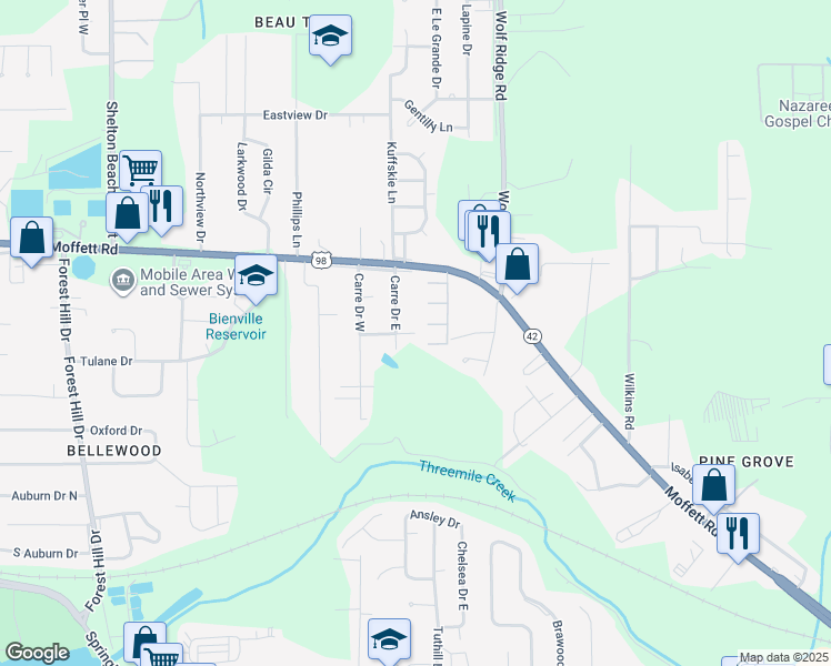 map of restaurants, bars, coffee shops, grocery stores, and more near 4101 Benson Drive in Mobile
