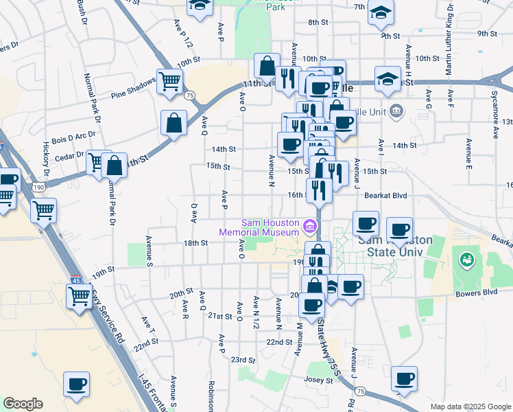 map of restaurants, bars, coffee shops, grocery stores, and more near 1619 Avenue O in Huntsville