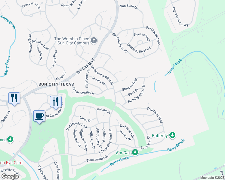 map of restaurants, bars, coffee shops, grocery stores, and more near 256 Whispering Wind Drive in Georgetown