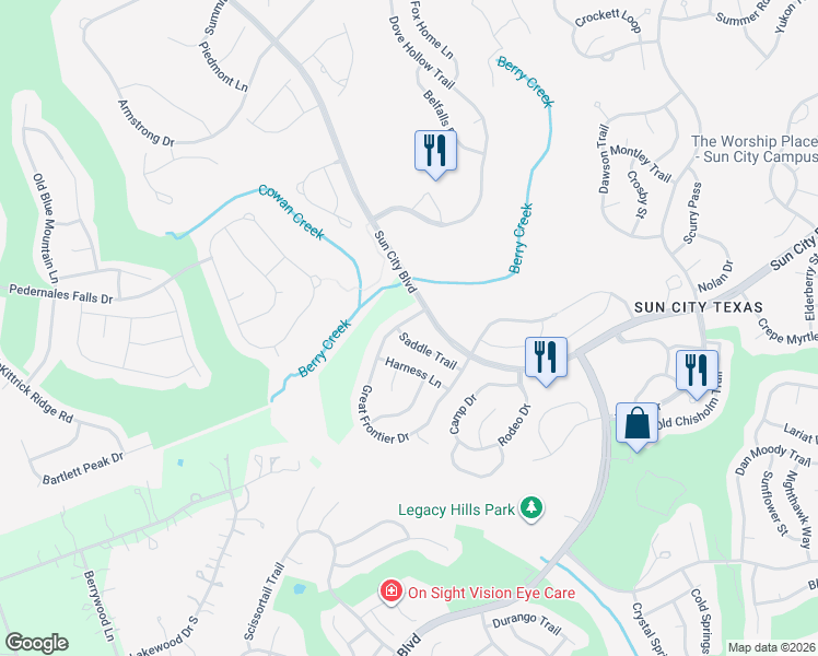 map of restaurants, bars, coffee shops, grocery stores, and more near 114 Saddle Trail in Georgetown