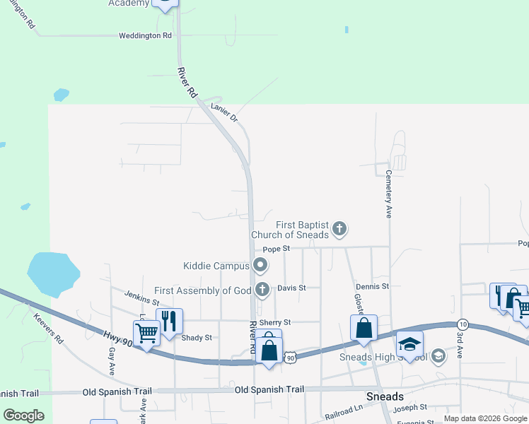 map of restaurants, bars, coffee shops, grocery stores, and more near 2116 River Road in Sneads