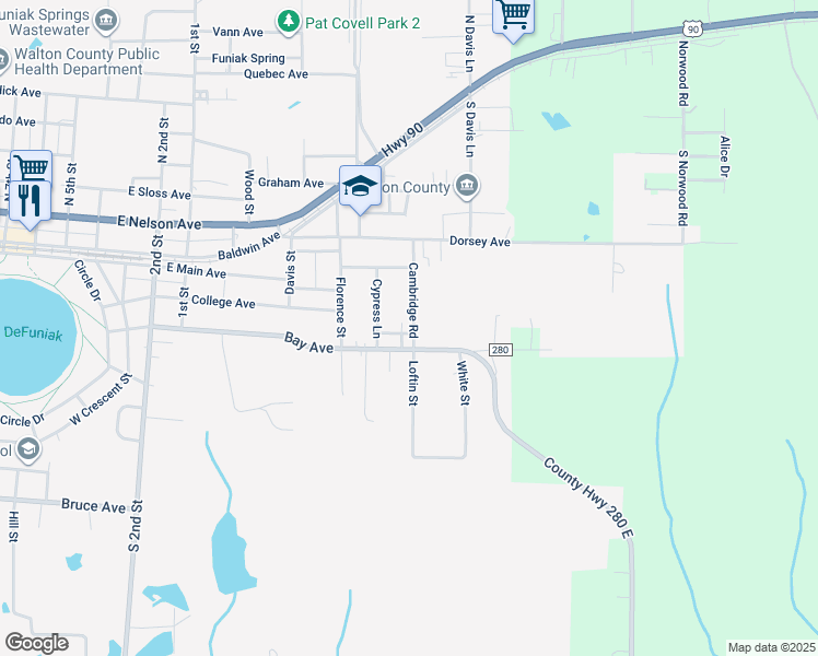 map of restaurants, bars, coffee shops, grocery stores, and more near 735 Bay Avenue in DeFuniak Springs