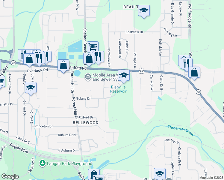 map of restaurants, bars, coffee shops, grocery stores, and more near 4627 Green Forest Court in Mobile