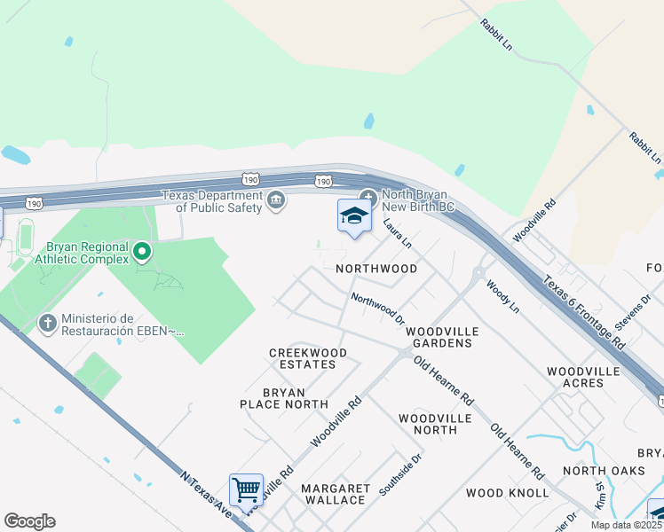 map of restaurants, bars, coffee shops, grocery stores, and more near 4619 Northwood Drive in Bryan