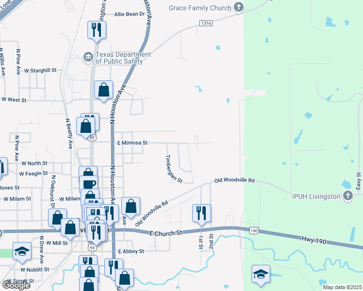 map of restaurants, bars, coffee shops, grocery stores, and more near 1205 Brinwood Place in Livingston