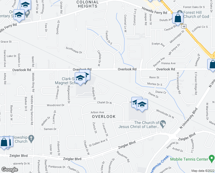 map of restaurants, bars, coffee shops, grocery stores, and more near 1357 Reams Drive North in Mobile