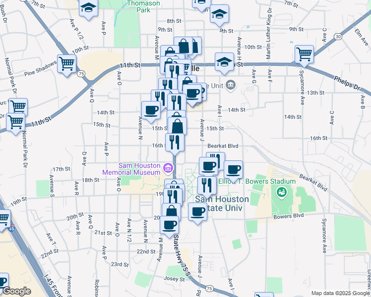 map of restaurants, bars, coffee shops, grocery stores, and more near 1741 University Avenue in Huntsville