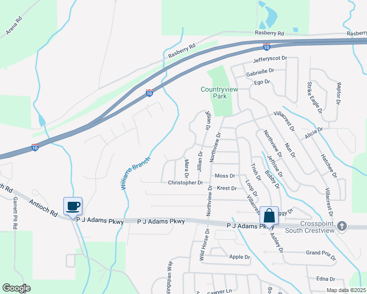 map of restaurants, bars, coffee shops, grocery stores, and more near 484 Jillian Drive in Crestview