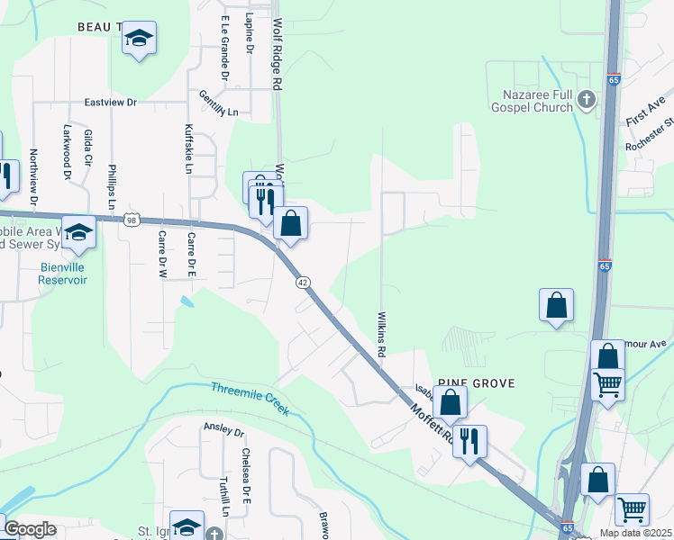 map of restaurants, bars, coffee shops, grocery stores, and more near 1329 Pine Grove Avenue in Mobile
