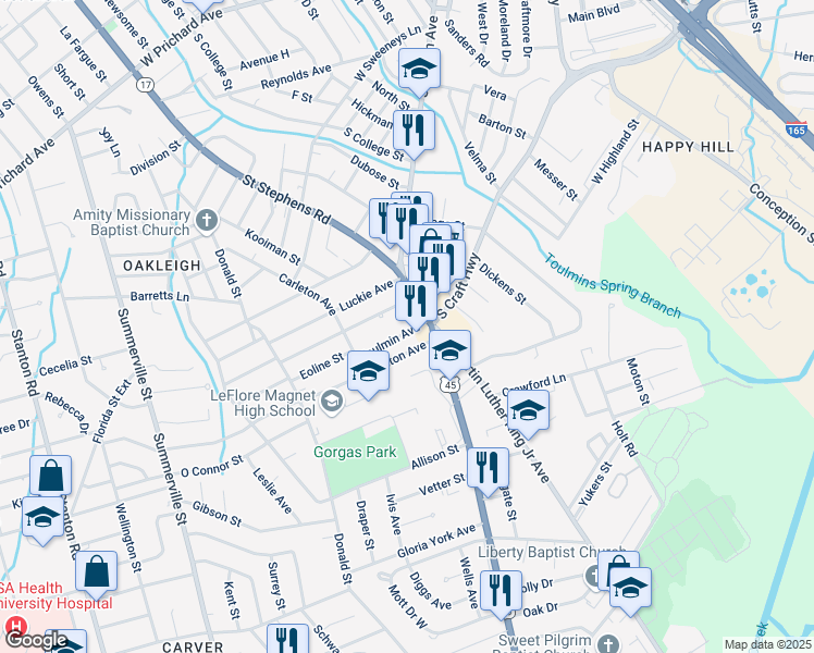 map of restaurants, bars, coffee shops, grocery stores, and more near 1812 Toulmin Avenue in Mobile