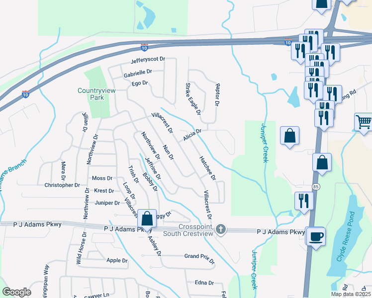 map of restaurants, bars, coffee shops, grocery stores, and more near 173 Villacrest Drive in Crestview