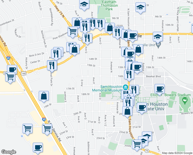 map of restaurants, bars, coffee shops, grocery stores, and more near 1610 Avenue P in Huntsville