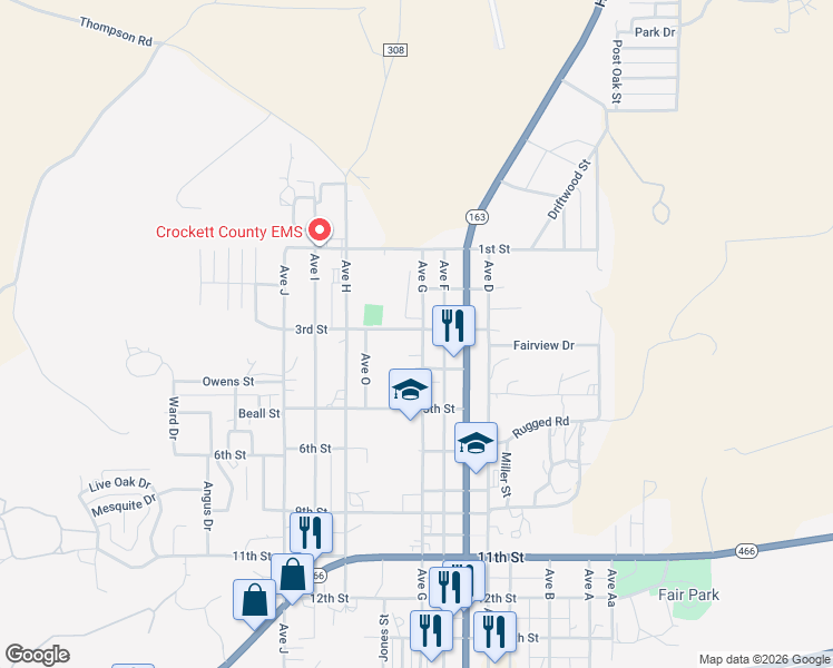 map of restaurants, bars, coffee shops, grocery stores, and more near 300 Avenue G in Ozona