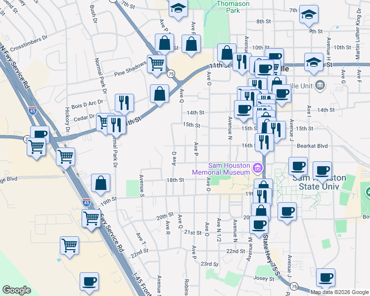 map of restaurants, bars, coffee shops, grocery stores, and more near 1610 Avenue P in Huntsville