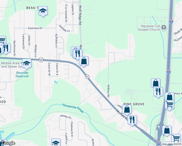map of restaurants, bars, coffee shops, grocery stores, and more near 4060 Moffett Road in Mobile