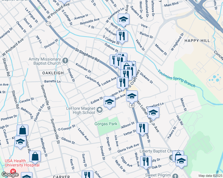map of restaurants, bars, coffee shops, grocery stores, and more near 1851 Seale Street in Mobile
