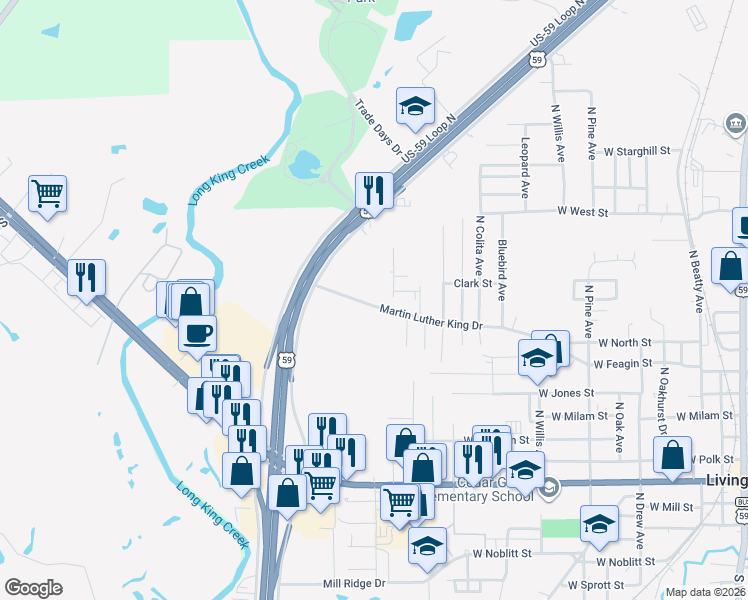 map of restaurants, bars, coffee shops, grocery stores, and more near 1214 Martin Luther King Drive in Livingston