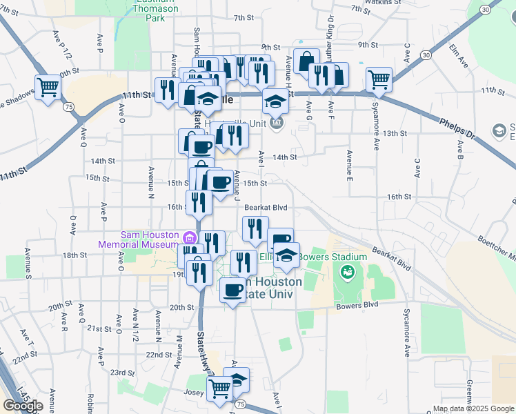map of restaurants, bars, coffee shops, grocery stores, and more near 817 15th Street in Huntsville