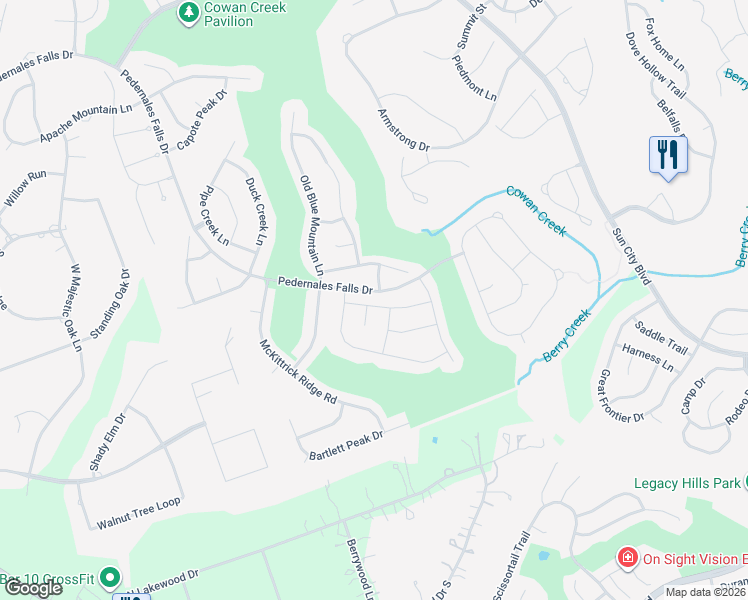 map of restaurants, bars, coffee shops, grocery stores, and more near 102 Ranger Peak Lane in Georgetown