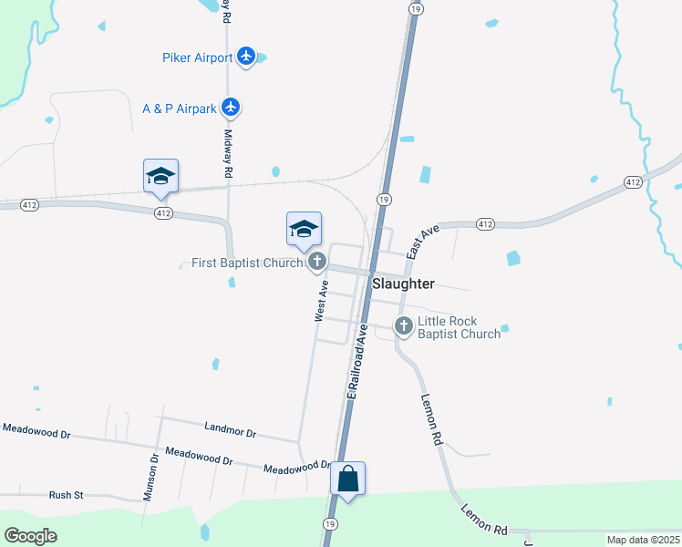 map of restaurants, bars, coffee shops, grocery stores, and more near 3323 Church Street in Slaughter