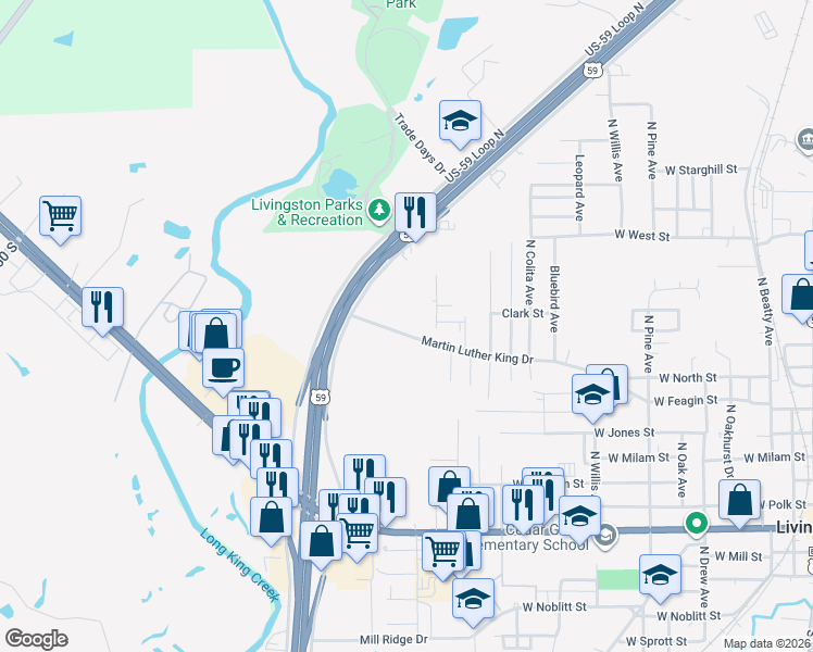 map of restaurants, bars, coffee shops, grocery stores, and more near 1228 Martin Luther King Drive in Livingston