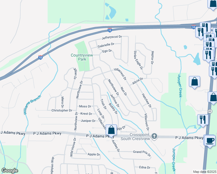 map of restaurants, bars, coffee shops, grocery stores, and more near 1208 Northview Drive in Crestview