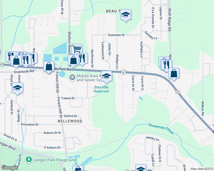 map of restaurants, bars, coffee shops, grocery stores, and more near 4501 Moffett Road in Mobile