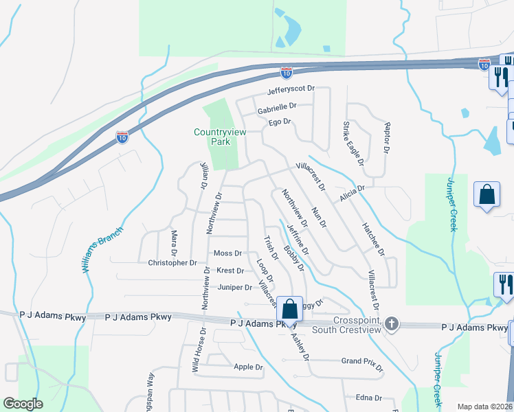 map of restaurants, bars, coffee shops, grocery stores, and more near 206 Trish Drive in Crestview