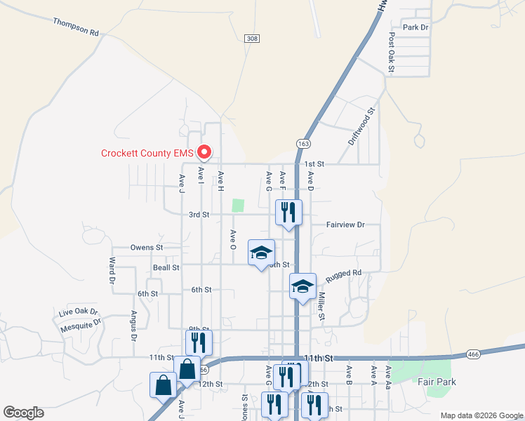map of restaurants, bars, coffee shops, grocery stores, and more near 206 Avenue G in Ozona