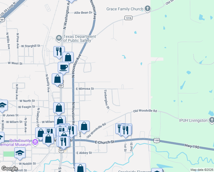 map of restaurants, bars, coffee shops, grocery stores, and more near 901 Forest Hollow in Livingston