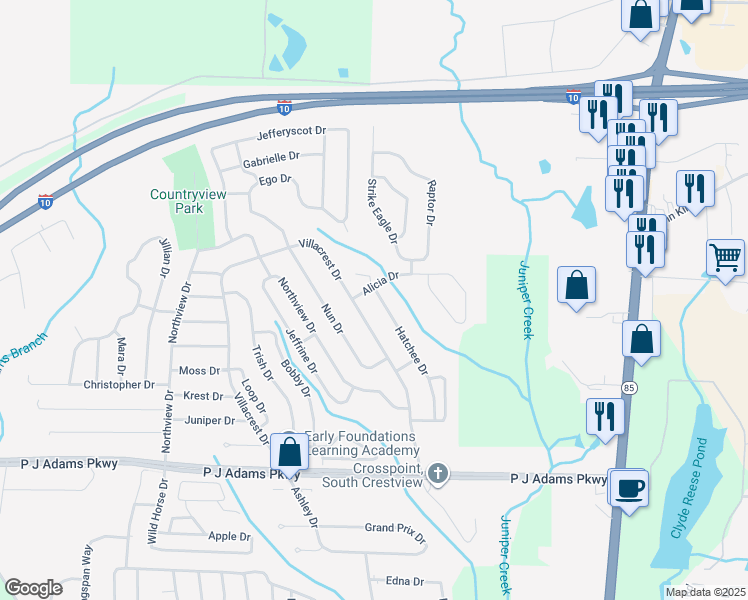 map of restaurants, bars, coffee shops, grocery stores, and more near 437 Hatchee Drive in Crestview