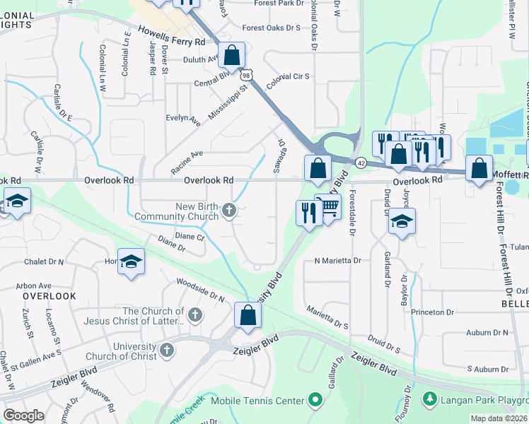map of restaurants, bars, coffee shops, grocery stores, and more near 1401 East Forest Ridge Road in Mobile