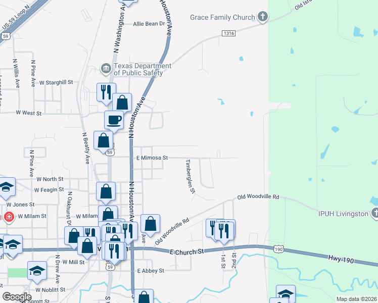 map of restaurants, bars, coffee shops, grocery stores, and more near 801 Forest Hollow in Livingston