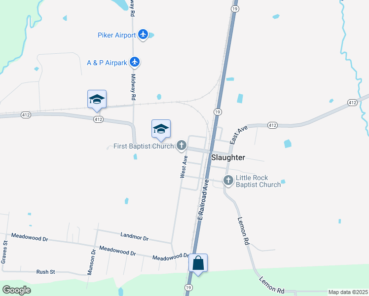 map of restaurants, bars, coffee shops, grocery stores, and more near 3323 Church Street in Slaughter