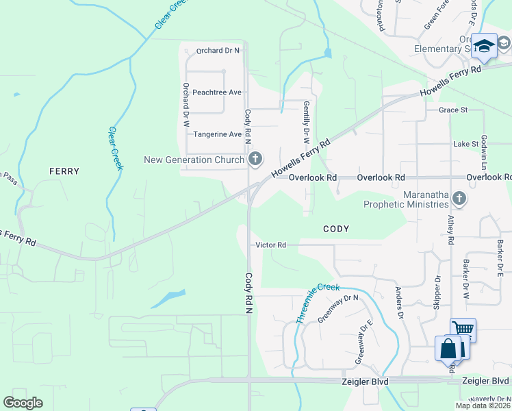 map of restaurants, bars, coffee shops, grocery stores, and more near 1408 Cody Road North in Mobile