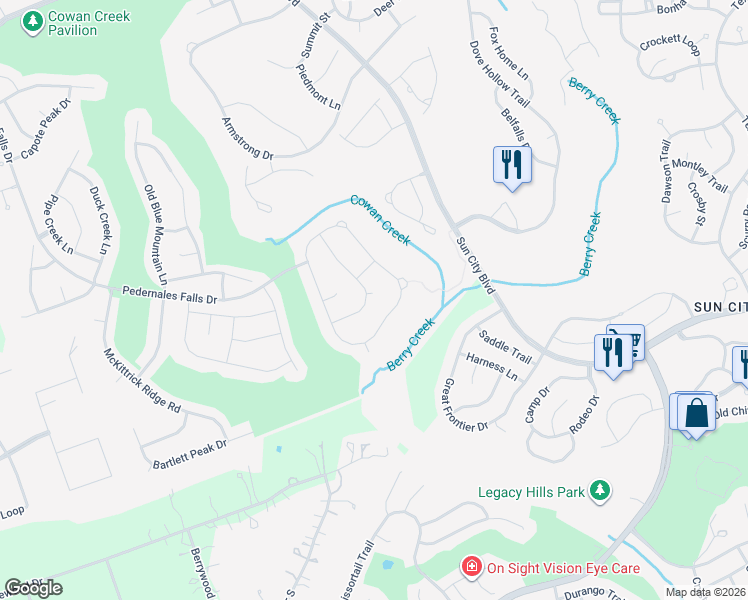 map of restaurants, bars, coffee shops, grocery stores, and more near 204 Cathedral Mountain Pass in Georgetown