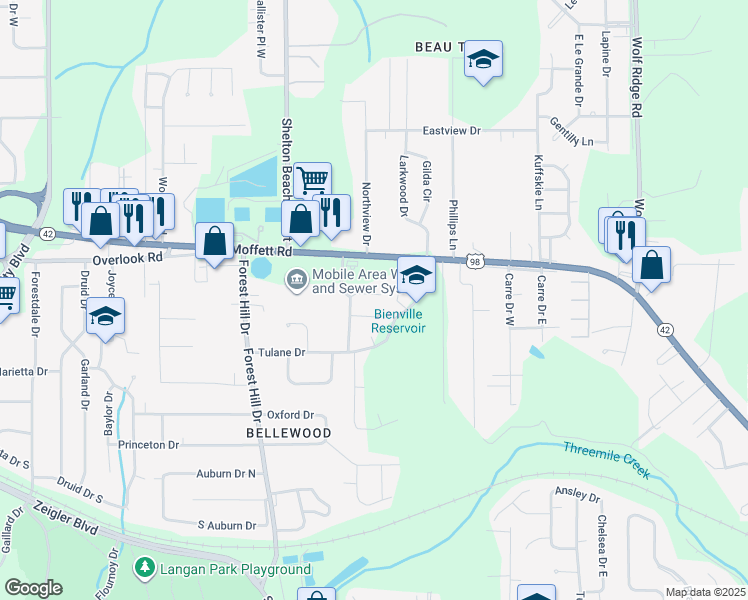 map of restaurants, bars, coffee shops, grocery stores, and more near 4625 Saint Charles Court in Mobile
