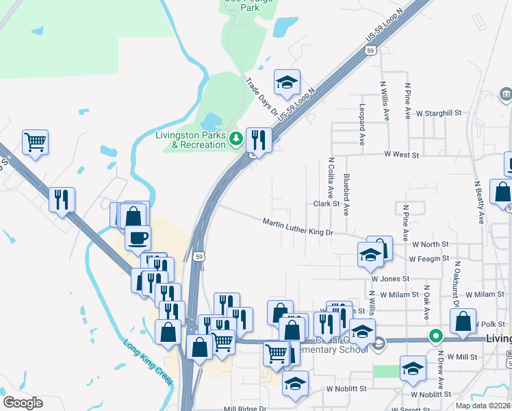 map of restaurants, bars, coffee shops, grocery stores, and more near 1228-1398 Martin Luther King Drive in Livingston