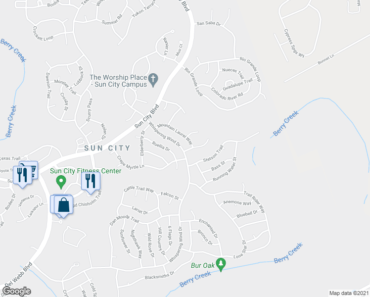 map of restaurants, bars, coffee shops, grocery stores, and more near 263 Whispering Wind Drive in Georgetown