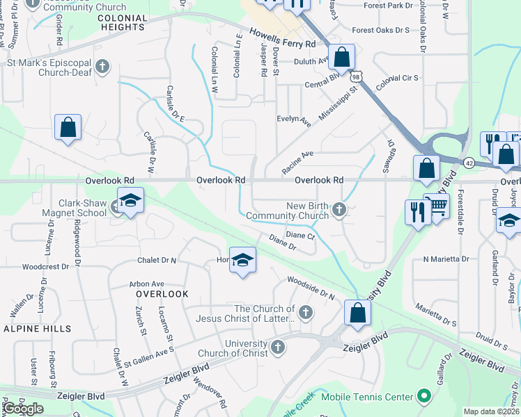 map of restaurants, bars, coffee shops, grocery stores, and more near 5675 Renn Street in Mobile