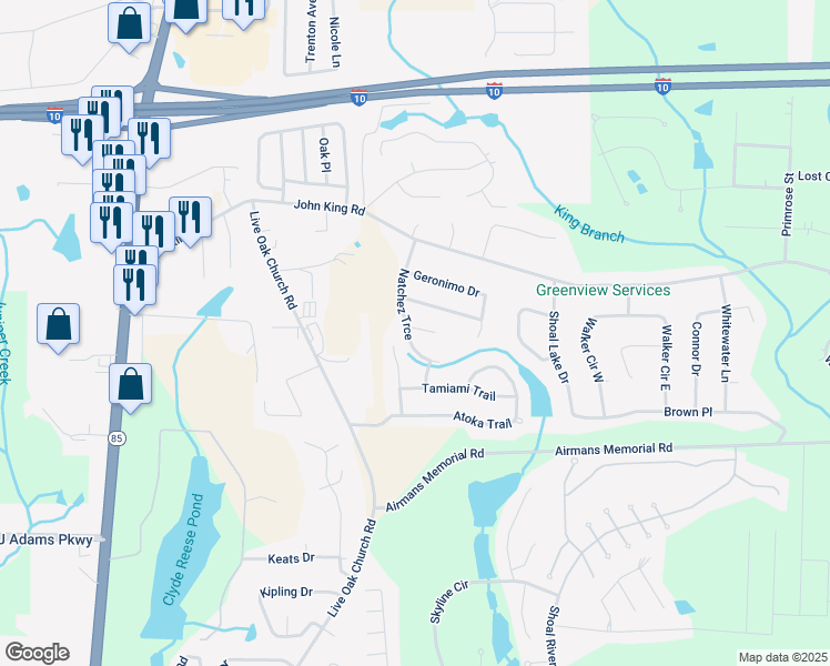 map of restaurants, bars, coffee shops, grocery stores, and more near 2810 Shawnee Circle in Crestview